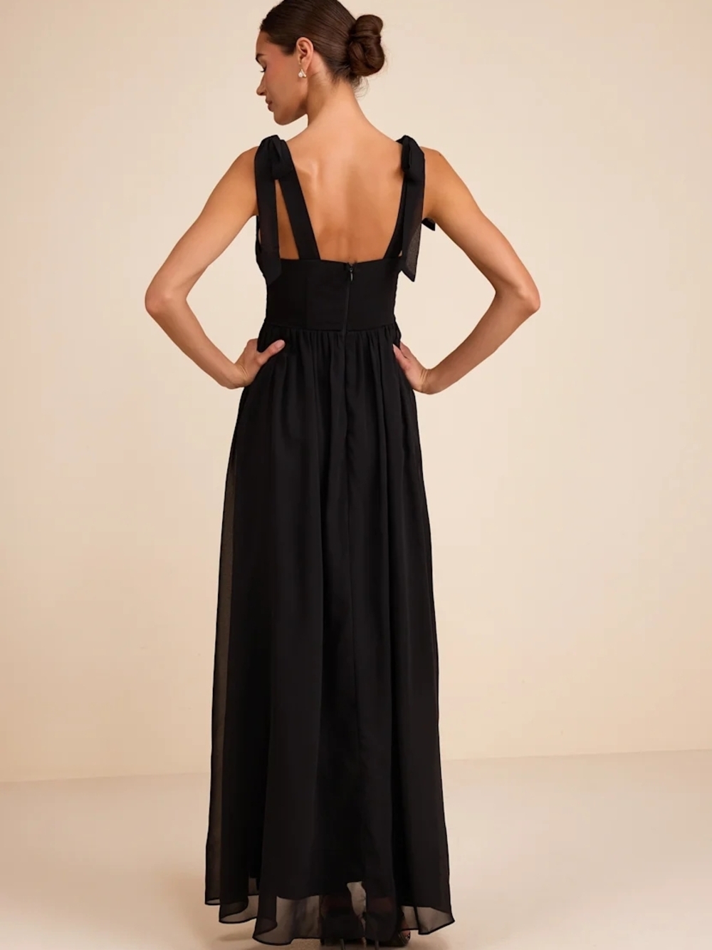 NWT Radiant Charisma Black Chiffon Ruched Tie-Strap Maxi Dress - Picture 3 of 8